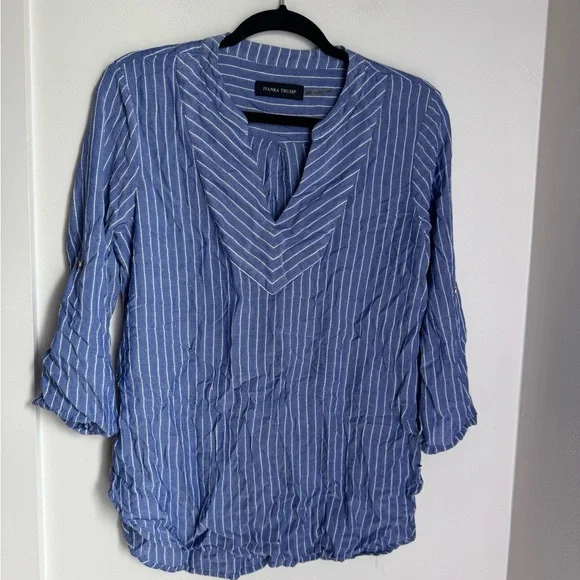Ivanka Trump Blue and White Striped Blouse - v-neck - Picture 1 of 5